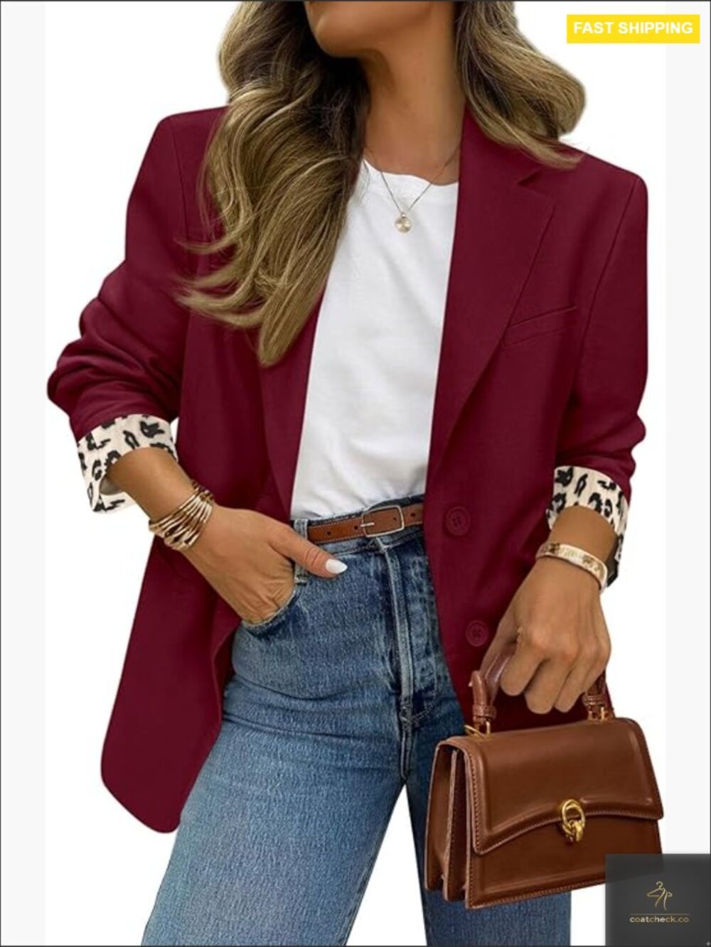 Leopard Lined Blazer Tailored Fit Open Front Business Casual Office Wear